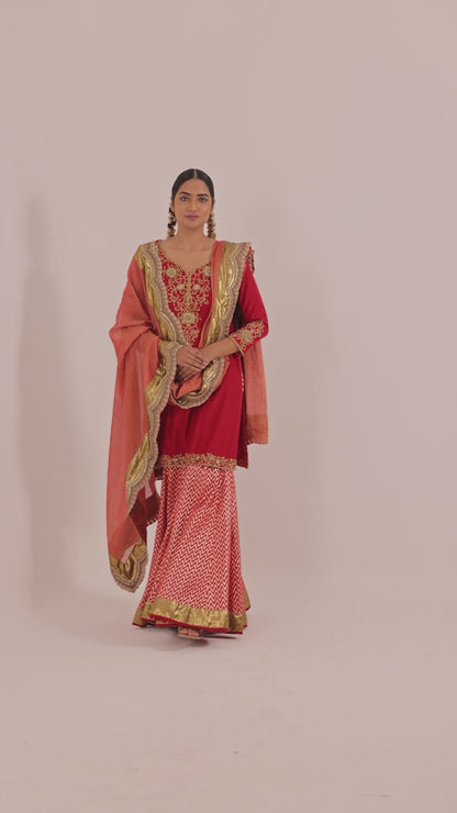 Hand Embroidered Silk Kurta Set with Banarasi Garara and Dupatta