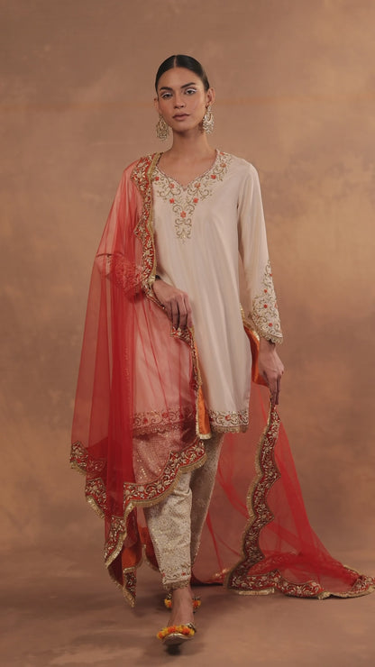 Hand Embroidered Straight Kurta Set with Pakistani Salwar and Orange Net Dupatta