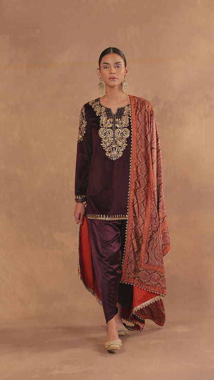 Short Velvet Kurta & Dhoti Salwar with Velvet Printed Shawl