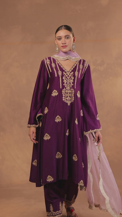 A-Line Kurta Set with Pakistani Salwar and Organza Dupatta