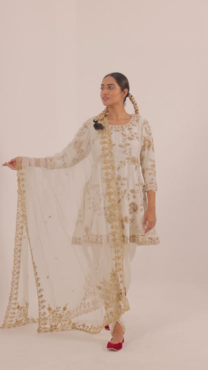 Silk Anarkali with Drape Dhoti Salwar and Aari Embroidered Dupatta