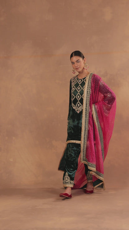 Hand Embroidered Velvet Kurta & Salwar Set with Organza Dupatta