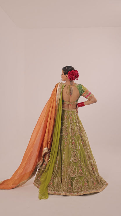 Hand Embroidered Lehenga Set with Bandhani Blouse and Double Dupatta