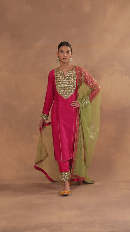 Gotta Work Long Kurta & Pakistani Silk Salwar with Net Dupatta